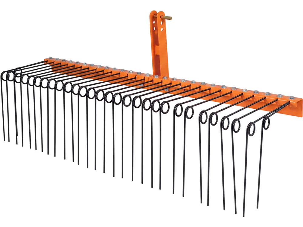72" pine straw rake with 30 metal coil tines, designed for efficient debris collection on yards and farms.