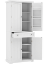 Tall white kitchen cabinet featuring 4 fluted doors, 6 door shelves, and a wide central drawer for organized storage.