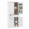 White kitchen cabinet showcasing adjustable shelves, a wide central drawer, and fluted doors for stylish pantry organization.