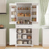 Tall white kitchen cabinet with fluted doors, featuring 6 door shelves and adjustable shelves for organized pantry storage.