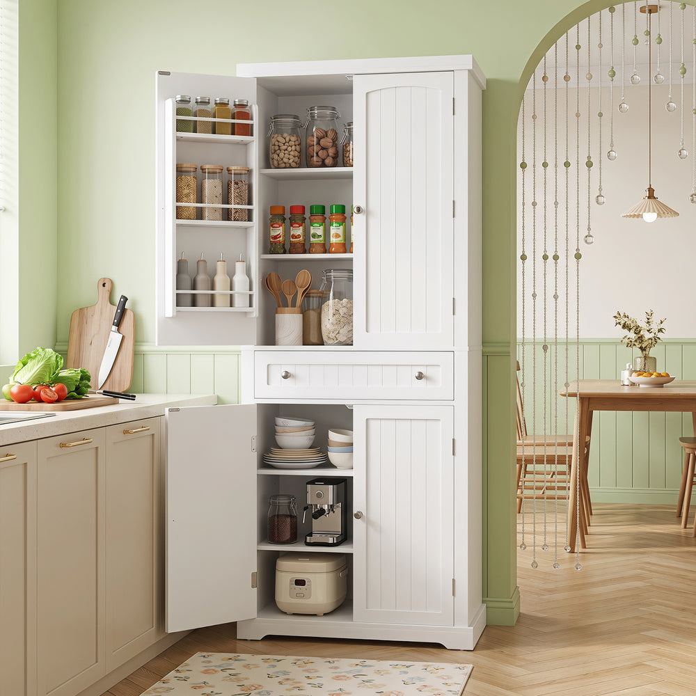 Tall white kitchen cabinet with fluted doors, featuring 6 door shelves and a wide central drawer for organized storage.