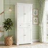 Tall white kitchen cabinet with fluted doors, featuring 4 doors, 6 shelves, and a central drawer for organized storage.