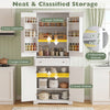 Tall white kitchen cabinet with 6 door shelves, 3 upper and lower shelves, plus a large drawer for organized pantry storage.