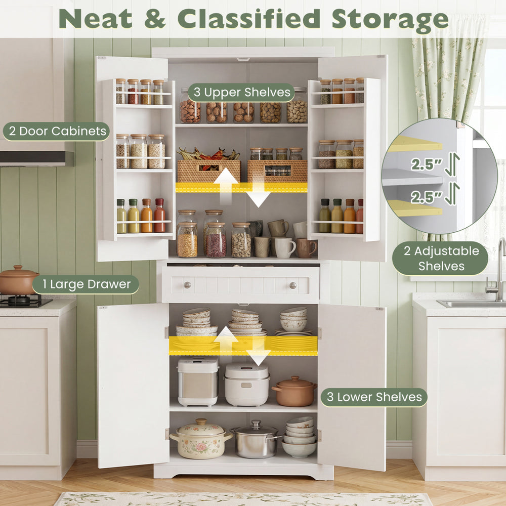 Tall white kitchen cabinet with 6 door shelves, 3 upper and lower shelves, plus a large drawer for organized pantry storage.