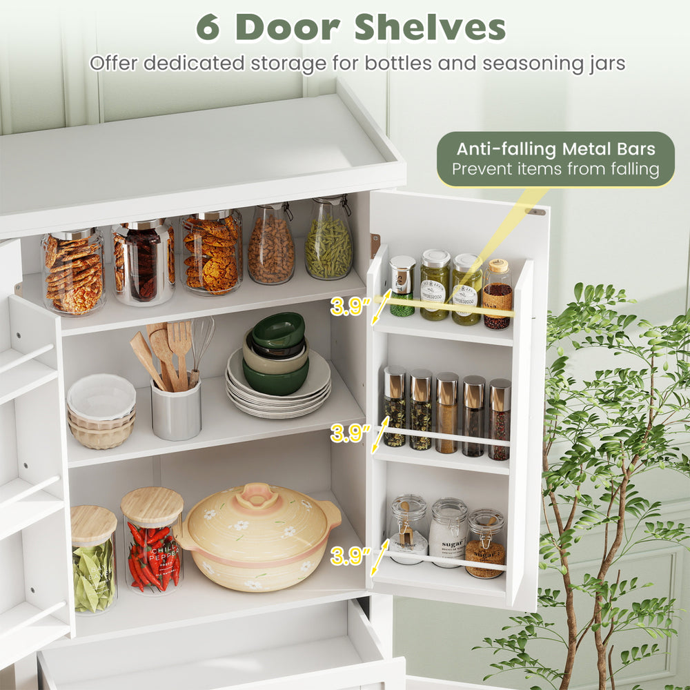 Tall white kitchen cabinet featuring 6 door shelves for organized storage of bottles and seasoning jars with anti-falling bars.