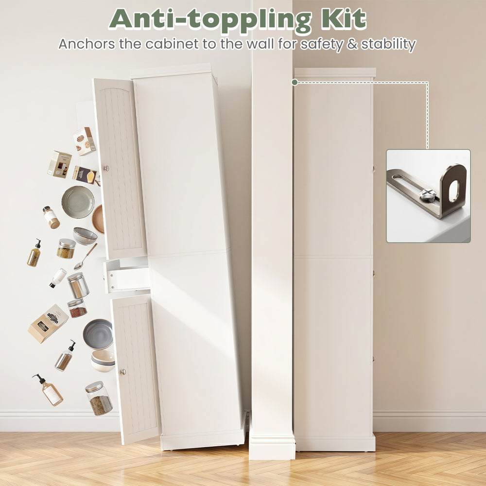 Tall white kitchen cabinet with fluted doors, featuring 6 door shelves and an anti-toppling kit for safety and stability.