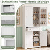 Tall white kitchen cabinet with 4 fluted doors, 6 door shelves, and a wide central drawer for organized pantry storage.