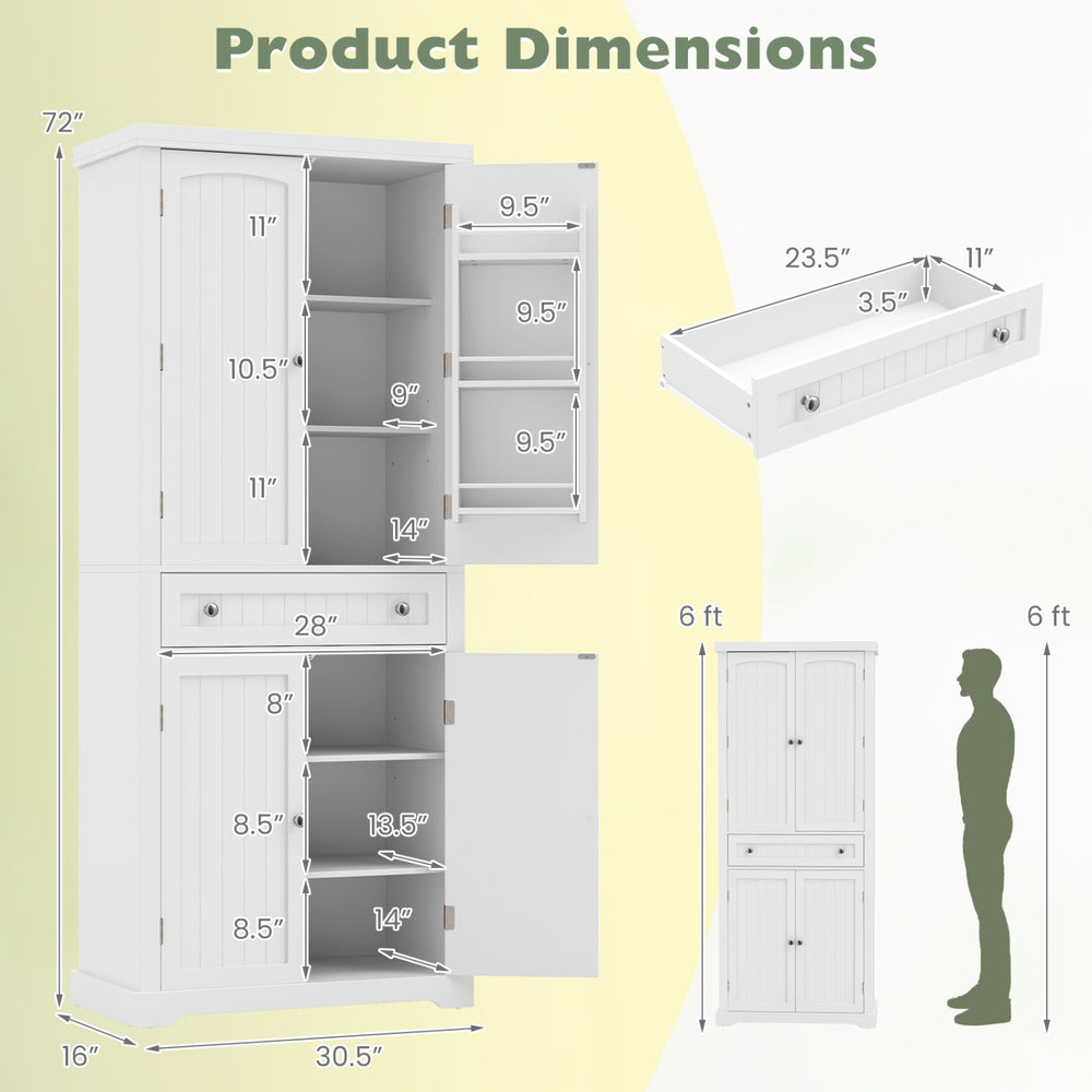 72” tall white kitchen cabinet featuring 4 fluted doors, 6 door shelves, and a wide central drawer for organized storage.