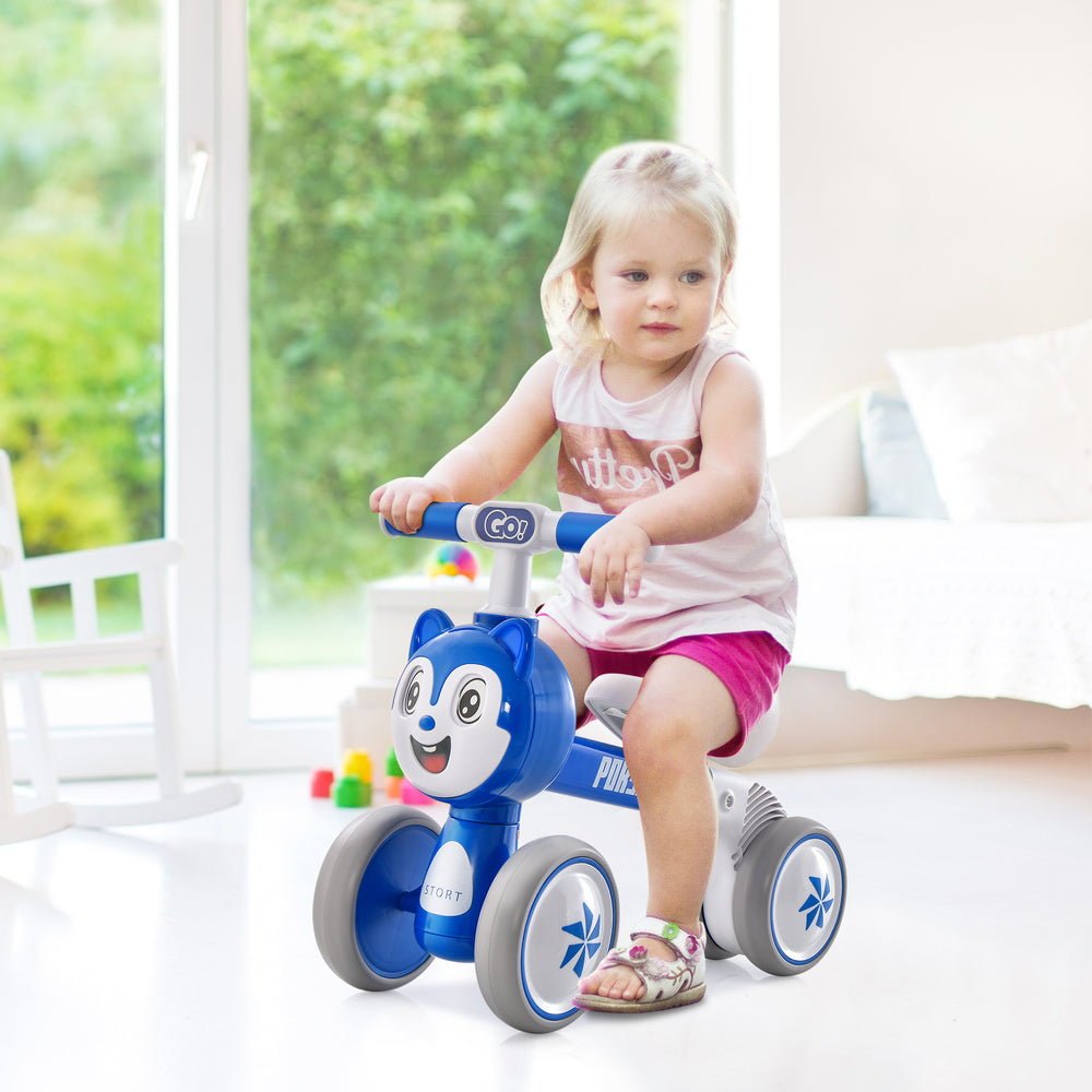 Blue baby balance bike with four wheels, featuring a carbon steel frame and noiseless EVA wheels for safe riding.