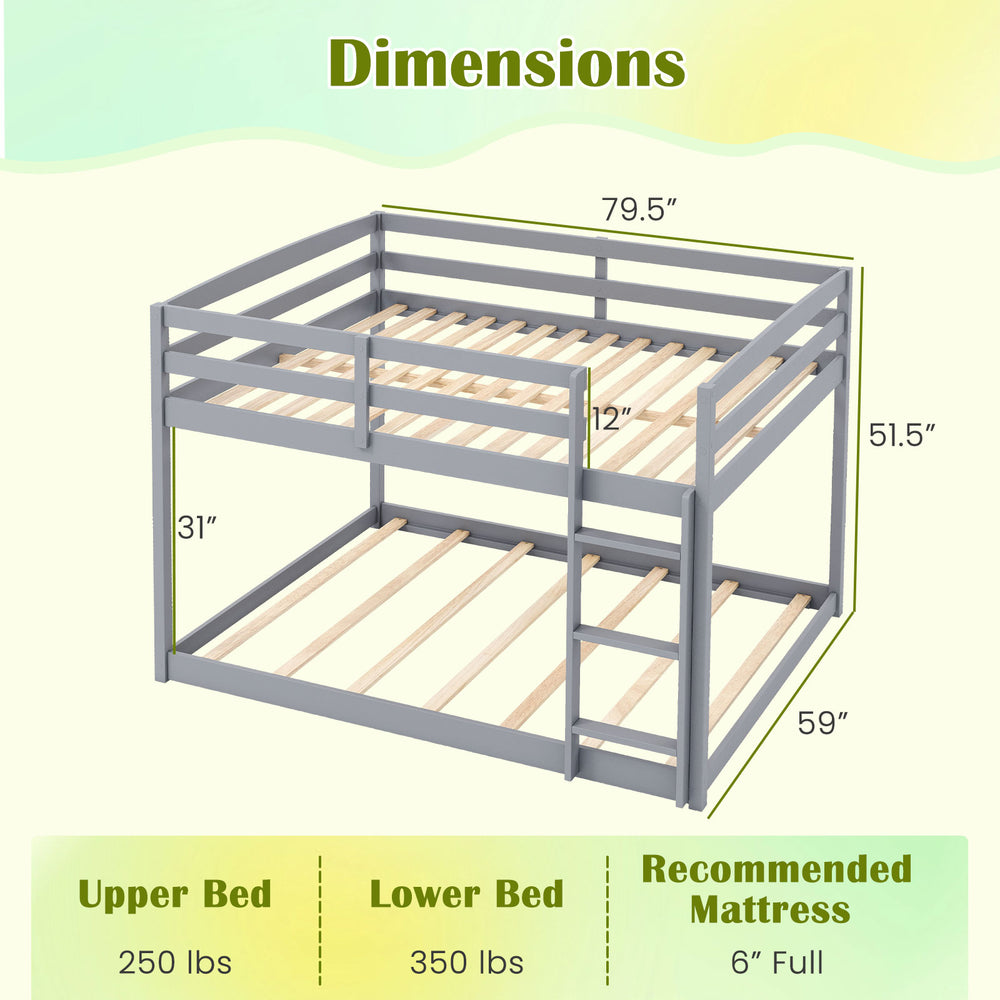 Full over full low-to-ground bunk bed in gray with dimensions, solid wood frame, and safety features for kids.