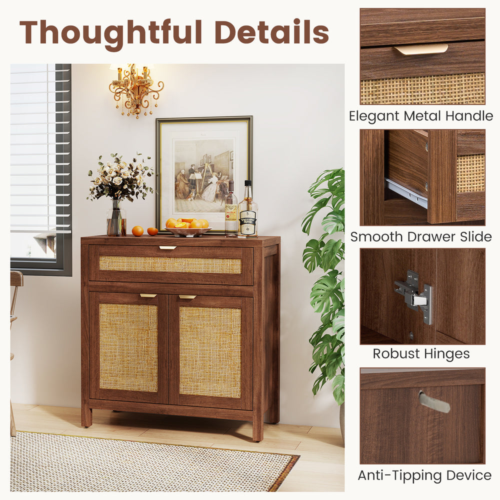 Sideboard storage cabinet in brown with rattan doors, large drawer, and elegant metal handles for versatile home.