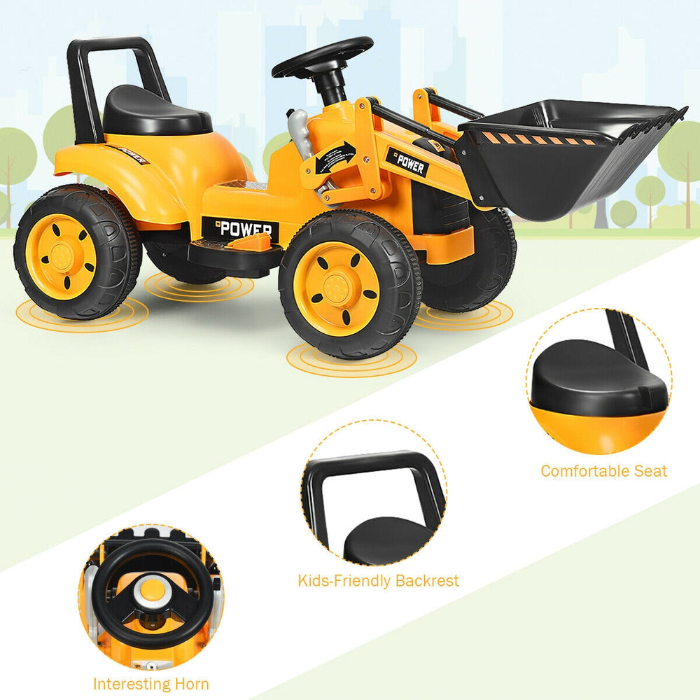 Kids ride-on excavator in yellow with realistic design, comfortable seat, and lifting arms for outdoor fun.