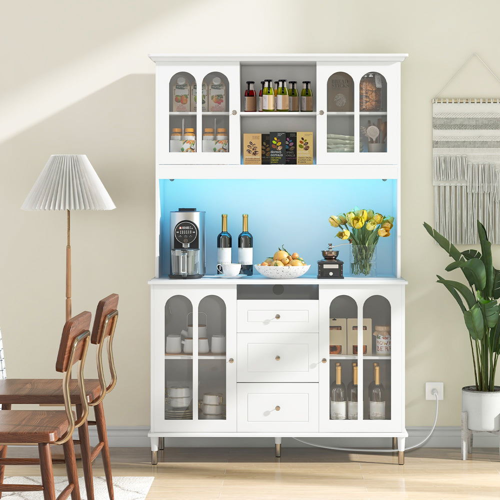 White freestanding buffet cabinet showcasing transparent glass doors, LED lights, and multiple adjustable storage.