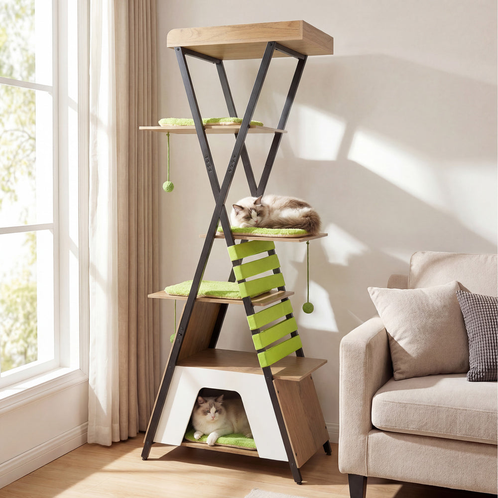 Multi-level cat tree with elevated perch, large condo, and green accents for indoor cats' play and relaxation.