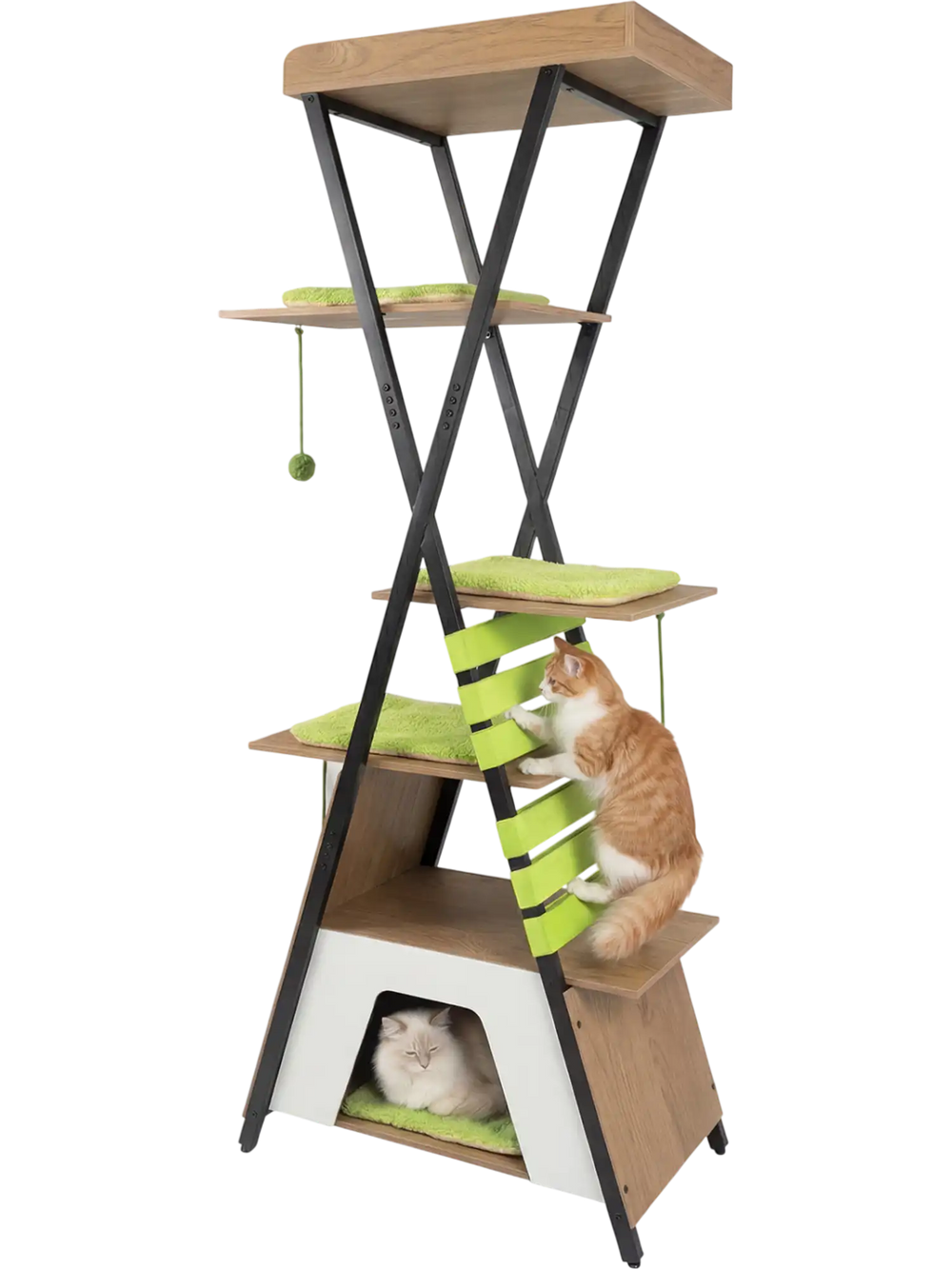 Multi-level cat tree with elevated perch, large condo, and green cushions for indoor cats' comfort and play.