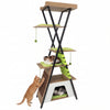 Multi-level cat tree with elevated perch, large condo, and soft cushions for indoor cats, featuring green accents.