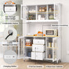 Detailed view of the freestanding white kitchen pantry cabinet featuring three pull-out drawers and a spacious.