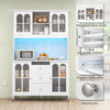 Close-up of the white kitchen pantry cabinet's metal knobs, smooth sliding rails, and adjustable shelves for versatile.