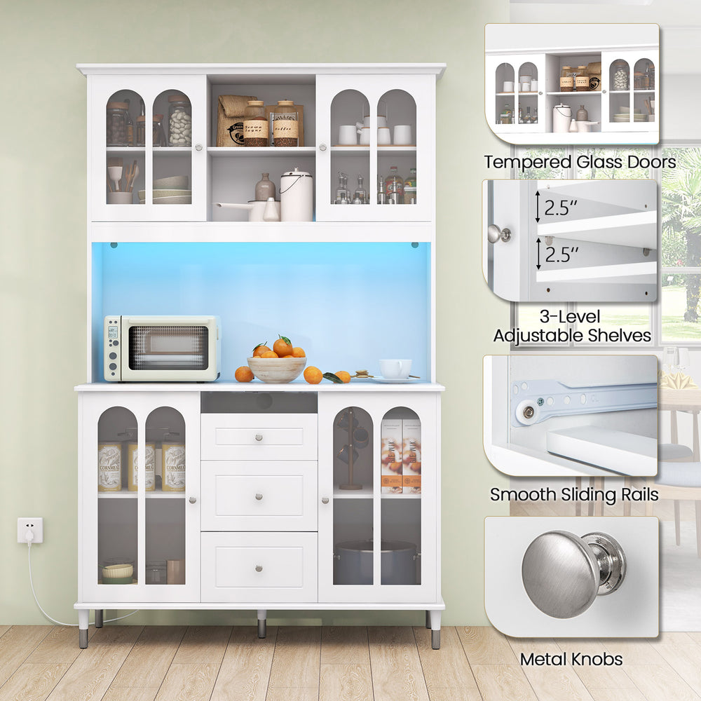 Close-up of the white kitchen pantry cabinet's metal knobs, smooth sliding rails, and adjustable shelves for versatile.