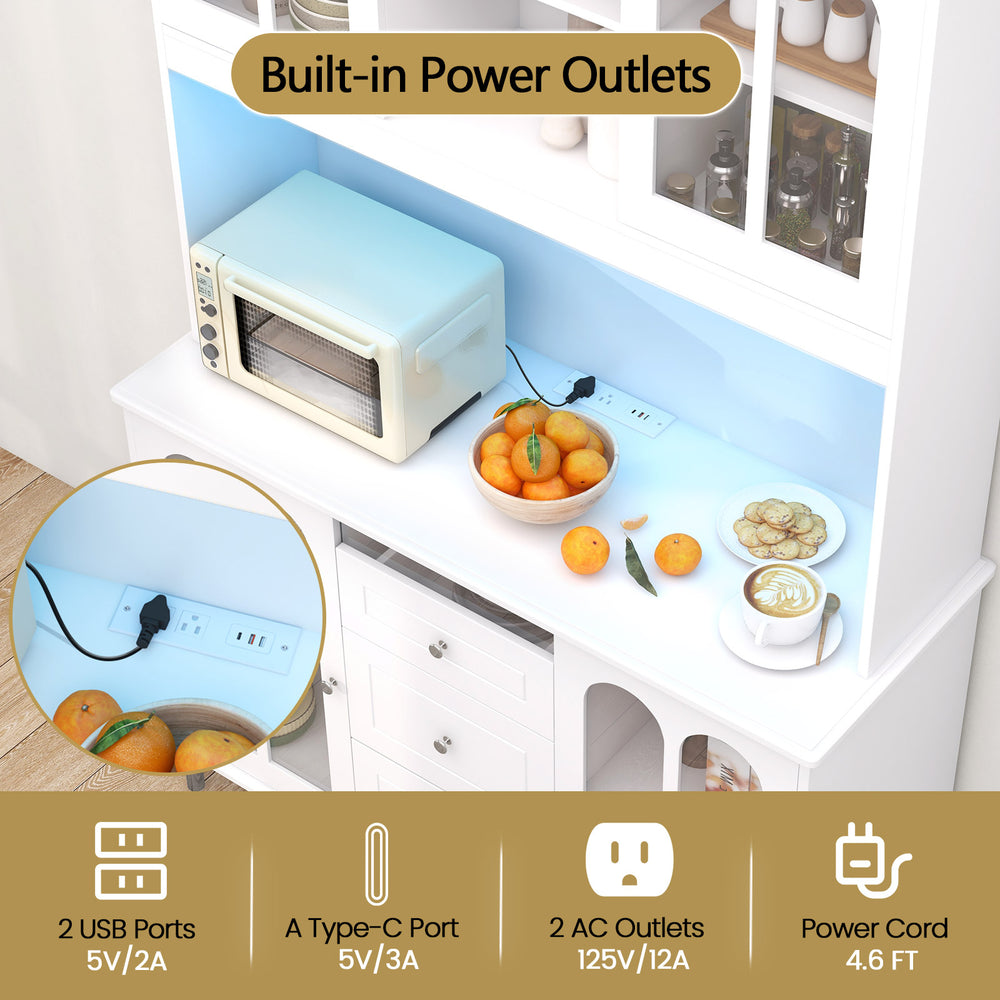 Freestanding buffet cabinet with built-in power outlets, USB ports, and LED lights for versatile kitchen storage.