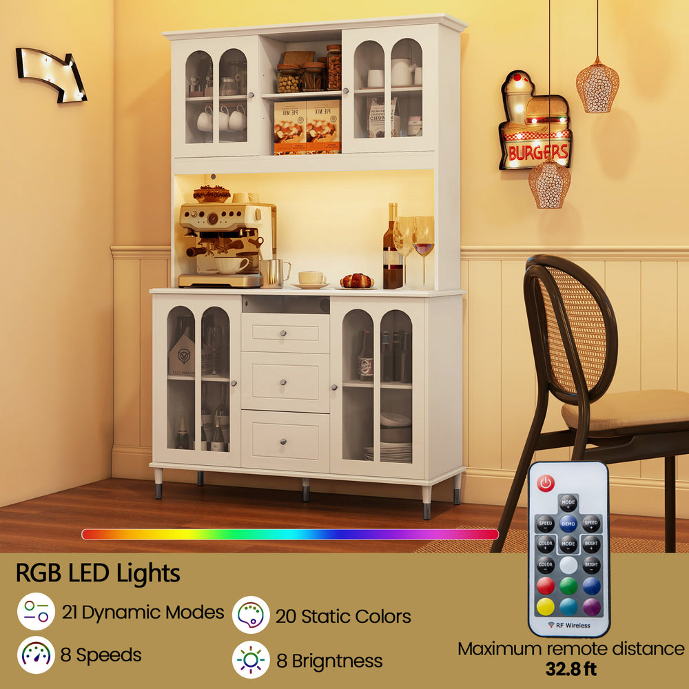 Freestanding white kitchen pantry cabinet with LED lights, adjustable shelves, and elegant tempered glass doors for.
