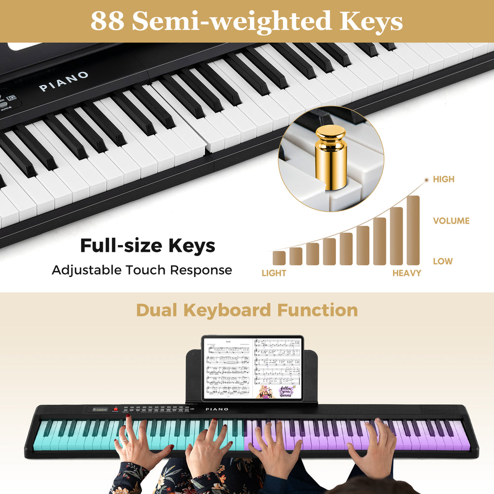 88-key foldable electric piano with semi-weighted keys, dual keyboard function, and portable design for easy storage.