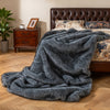 Gray faux wolf fur blanket with soft plush texture, perfect for sofas and beds, showcasing a cozy double-sided design.