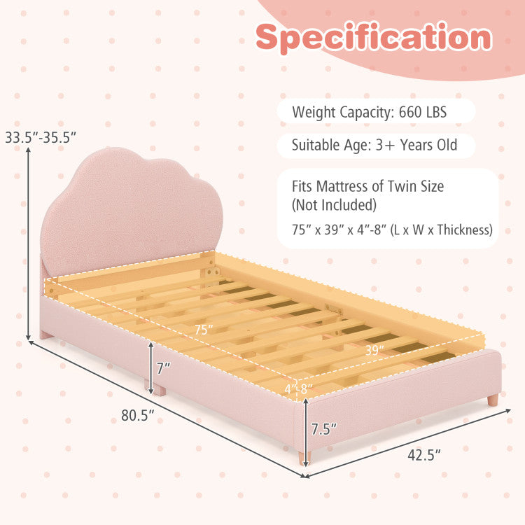 Twin bed frame with adjustable headboard and 3-piece pink activity table and chair set for kids' playrooms.