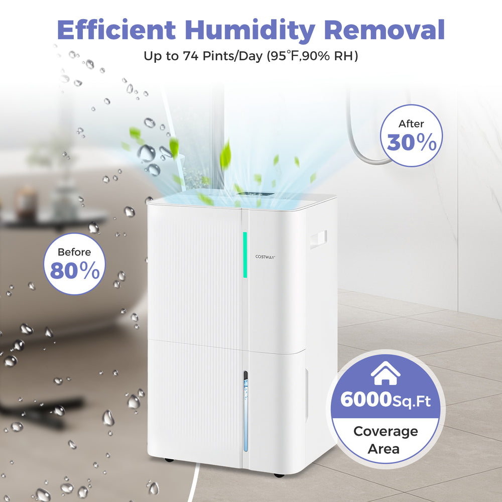 74-pint dehumidifier with LED display, 3 modes, and 1.2-gallon tank for efficient humidity removal in large rooms.