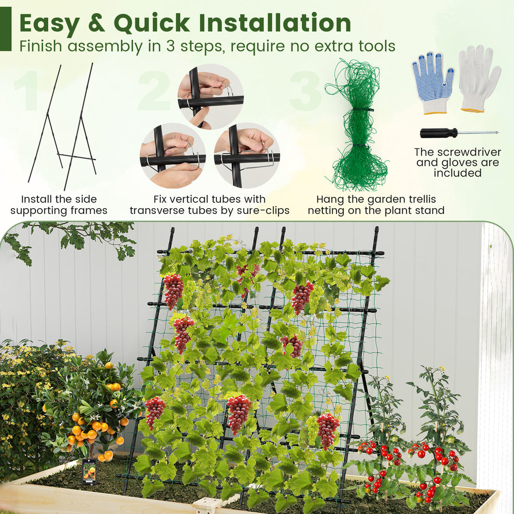 74-inch tall black garden trellis with A-frame structure, easy installation, ideal for climbing flowers and vegetables.
