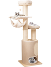 Tall wooden cat tower with 2-story condo, hammocks, and removable cushions for playful and cozy napping spots.