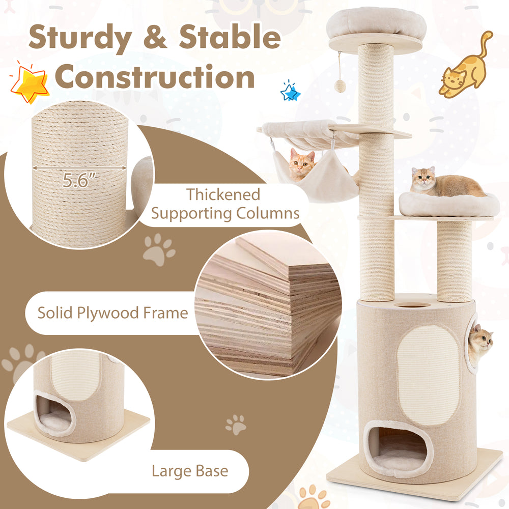 Close-up of the thickened supporting columns and solid plywood frame of the 74-inch wooden cat tower for stability.