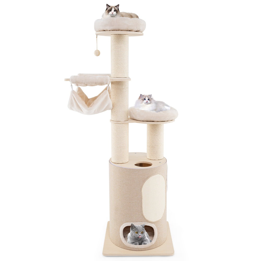 Tall wooden cat tower with 2-story condo, removable cushions, and sisal scratching posts for playful cats.