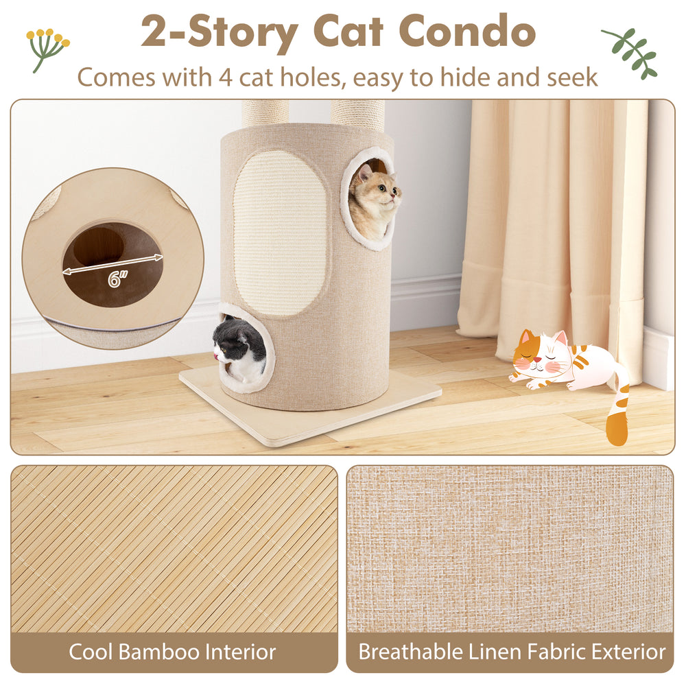 2-story cat condo with 4 holes, cool bamboo interior, and soft linen exterior for cozy naps and playtime.