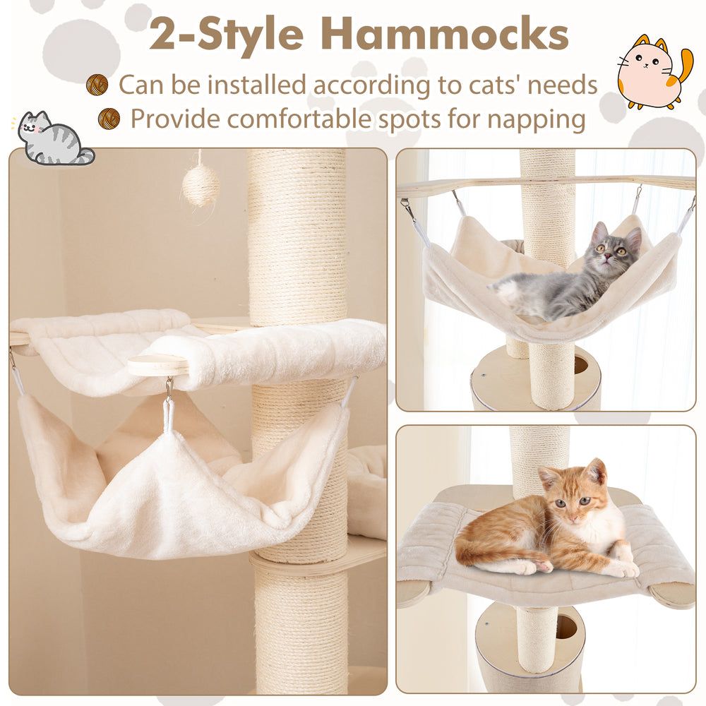 Two-style hammocks on a 74-inch tall wooden cat tower, providing cozy napping spots for cats.