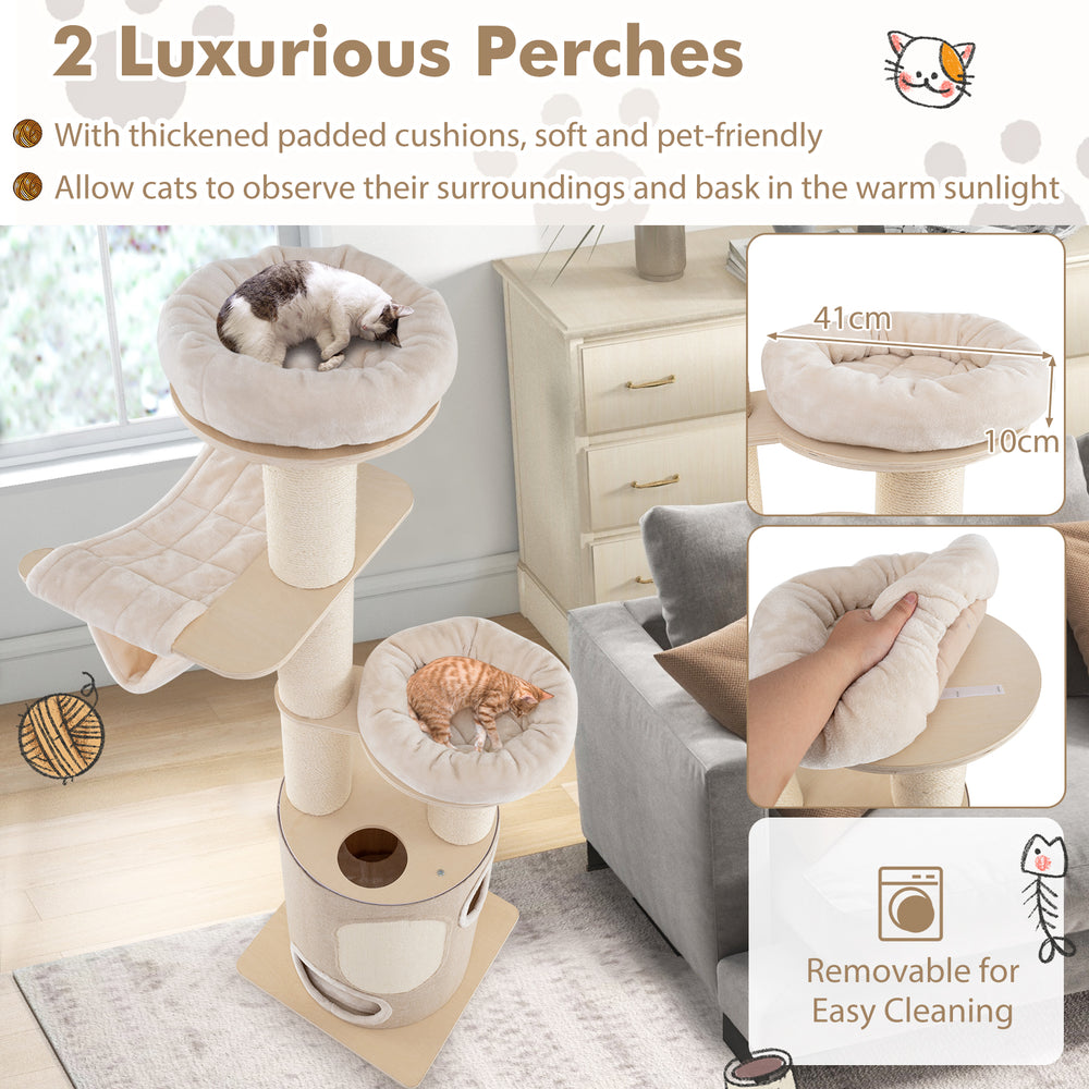 Wooden cat tower with 2-story condo, removable cushions, and sisal scratching posts for playful and cozy lounging.