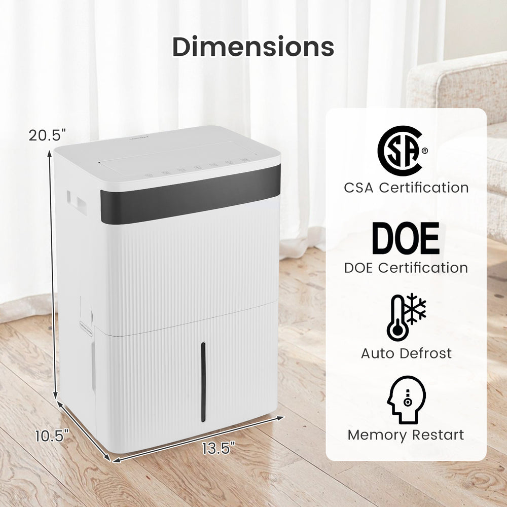 74 pints dehumidifier dimensions with CSA and DOE certification, featuring a large water tank and smart touch control.