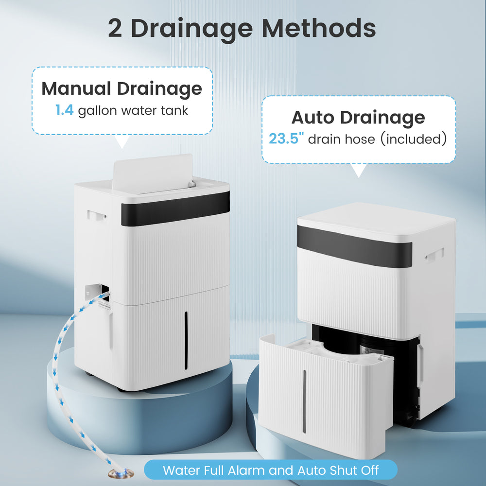 74 pints dehumidifier with manual and auto drainage options, designed for homes up to 4500 sq. ft., in white.