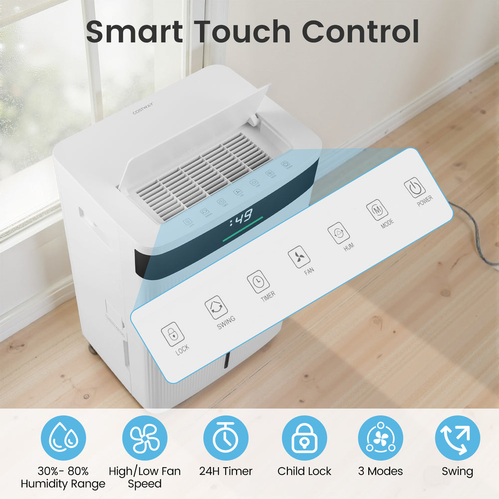 Smart touch control panel of the 74 Pints Dehumidifier for Home, featuring 3 modes and 2 fan speeds for convenience.