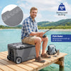 Portable 74 quart gray rolling cooler features a fish ruler, sturdy design, and holds up to 123 cans for outdoor activities.