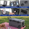 74 quart portable rolling cooler in gray features cup holders, bottle opener, and fish ruler for outdoor convenience.