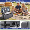 74 quart portable rolling cooler in gray with secure latch, drainage hole, and non-slip foot pads for outdoor convenience.