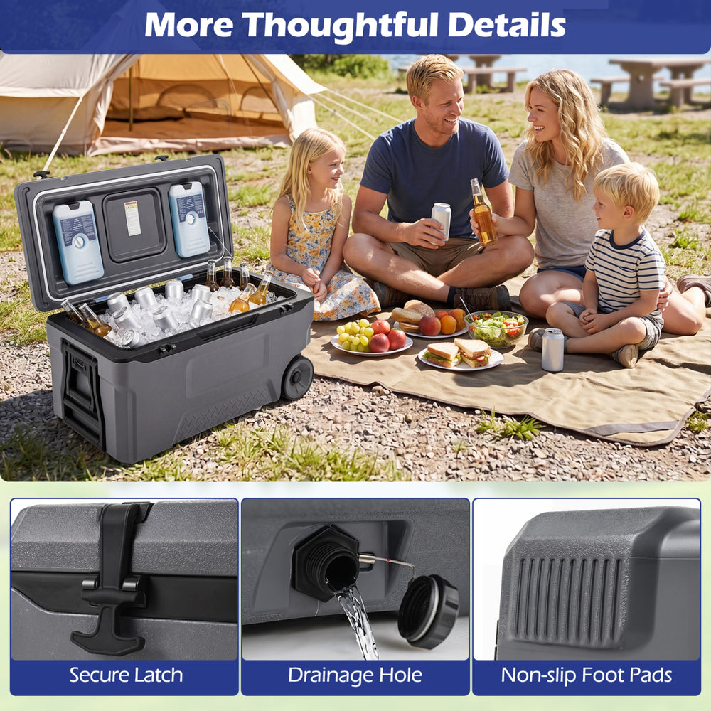 74 quart portable rolling cooler in gray with secure latch, drainage hole, and non-slip foot pads for outdoor convenience.