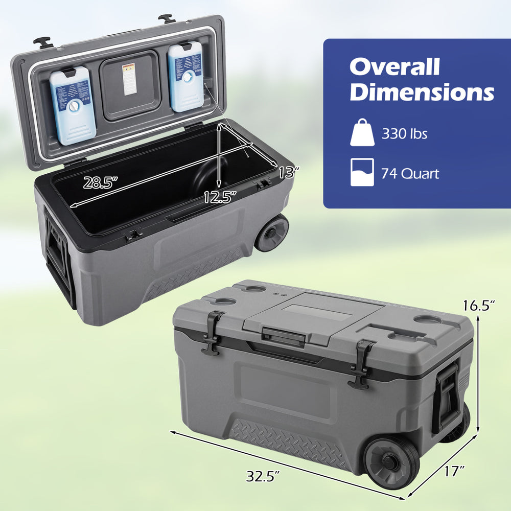 74 Quart Portable Rolling Cooler in gray features sturdy HDPE construction, ice bags, and fish ruler for outdoor activities.