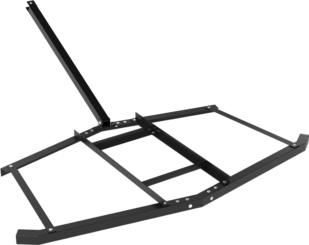 74-inch wide driveway drag tow behind landscape leveling rake in black, featuring a reinforced metal frame for.
