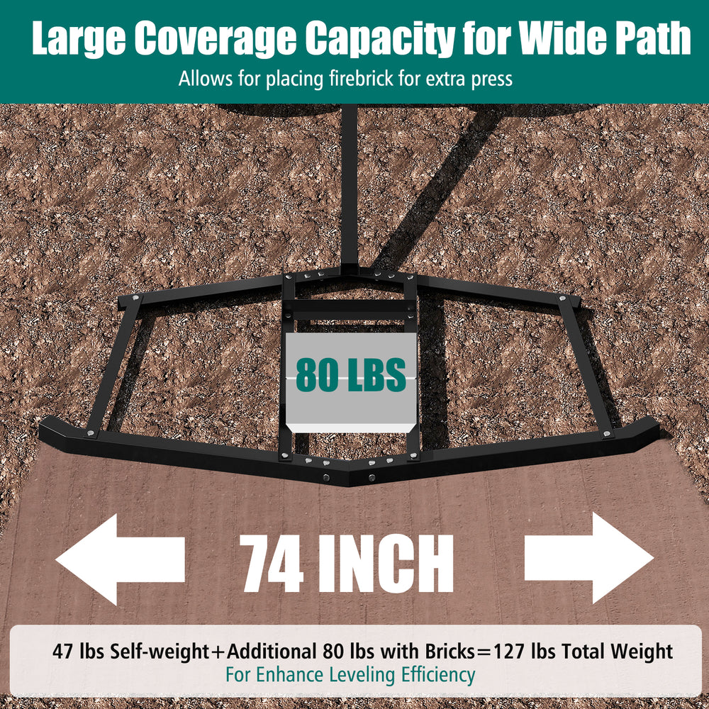 74-inch driveway drag leveling rake in black, designed for UTVs and ATVs, holds 80 lbs for efficient landscaping.