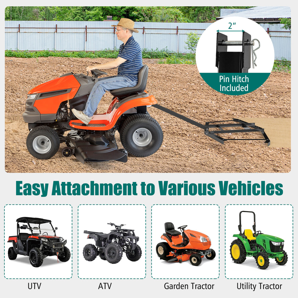 74-inch driveway drag tow behind landscape leveling rake, reinforced metal, attaches to UTVs and ATVs for easy use.