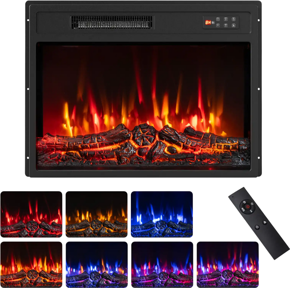 Electric fireplace insert with 7 flame colors, remote control, and 750/1500W heating for cozy home ambiance.