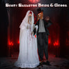 Standing Halloween animatronic bride with moving head, red flashing eyes, and poseable arms for haunted house decor.