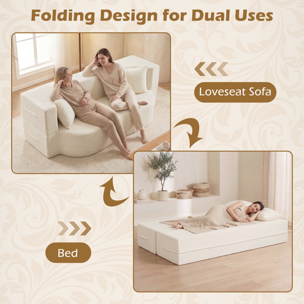 Beige 75.5-inch folding loveseat sofa bed with two pillows, showcasing dual-use design for comfort and relaxation.